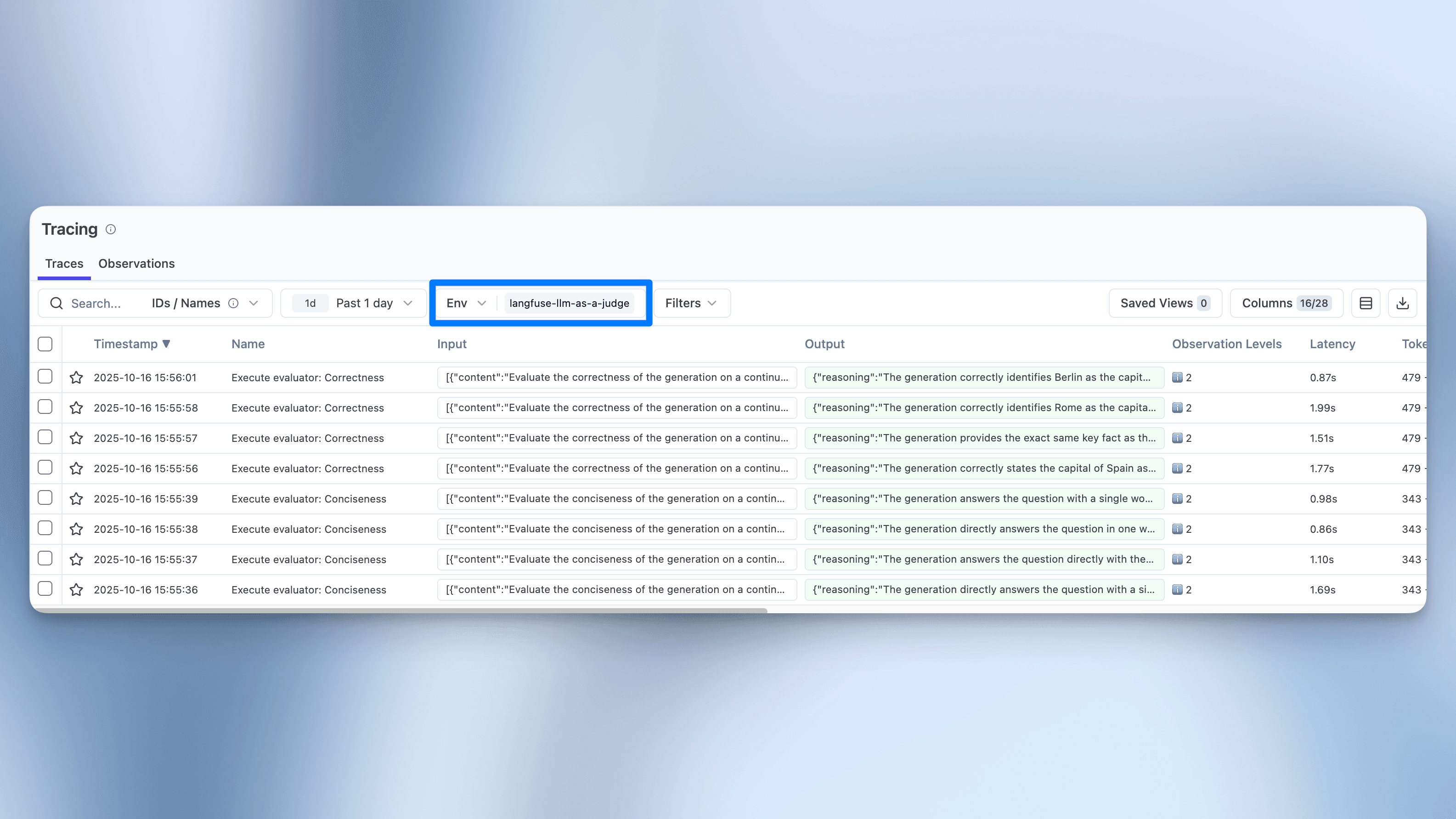 Tracing table filtered to langfuse-llm-as-a-judge environment